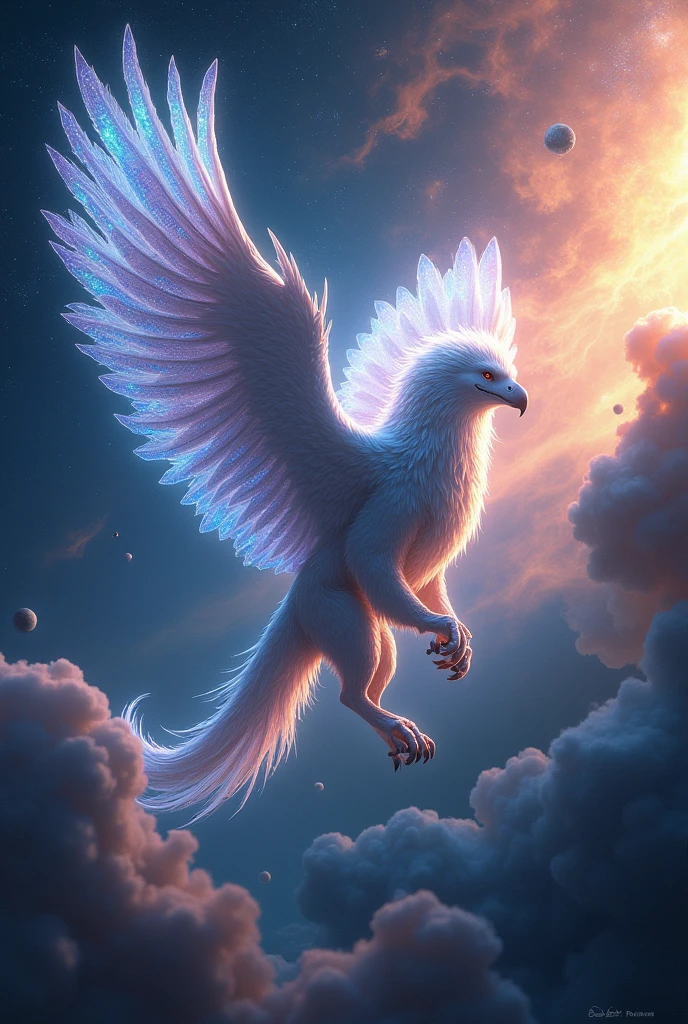 Side view, A majestic griffin flying through a cosmic space fantasy scene. The griffin, with the body of a lion and the head and wings of an eagle, has glowing feathers that reflect the light of distant stars. Surrounding it is a backdrop of vibrant nebulas and planets, with ethereal patterns on its wings. The scene combines elements of both fantasy and sci-fi, showcasing the griffin's powerful and mystical presence as it soars through the universe.