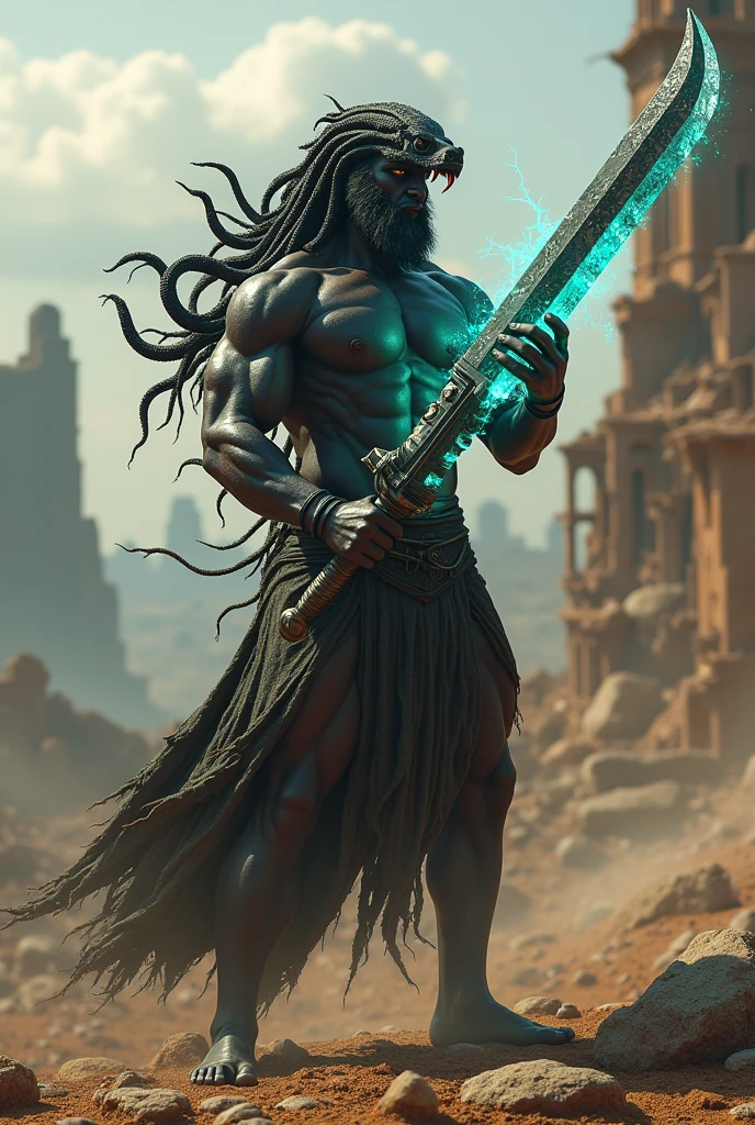 Black gladiator medusa holding a rpg cutlass