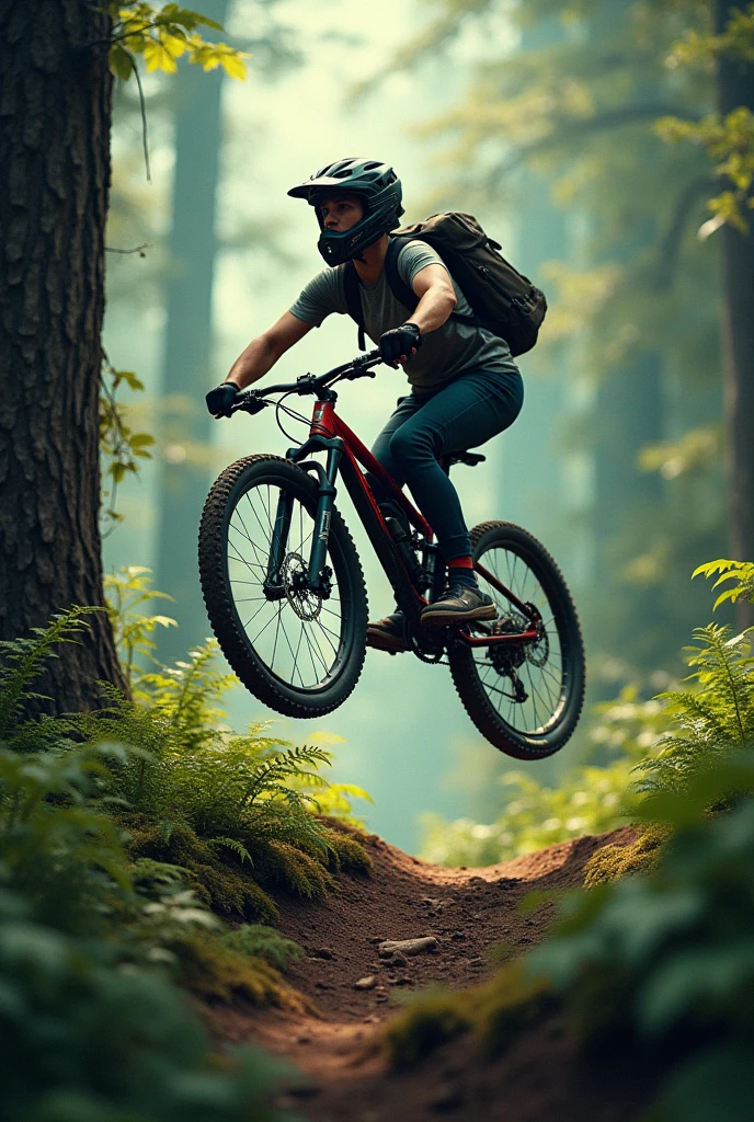carrying a backpack while riding a MTB bike in the forest while lifting the front wheel