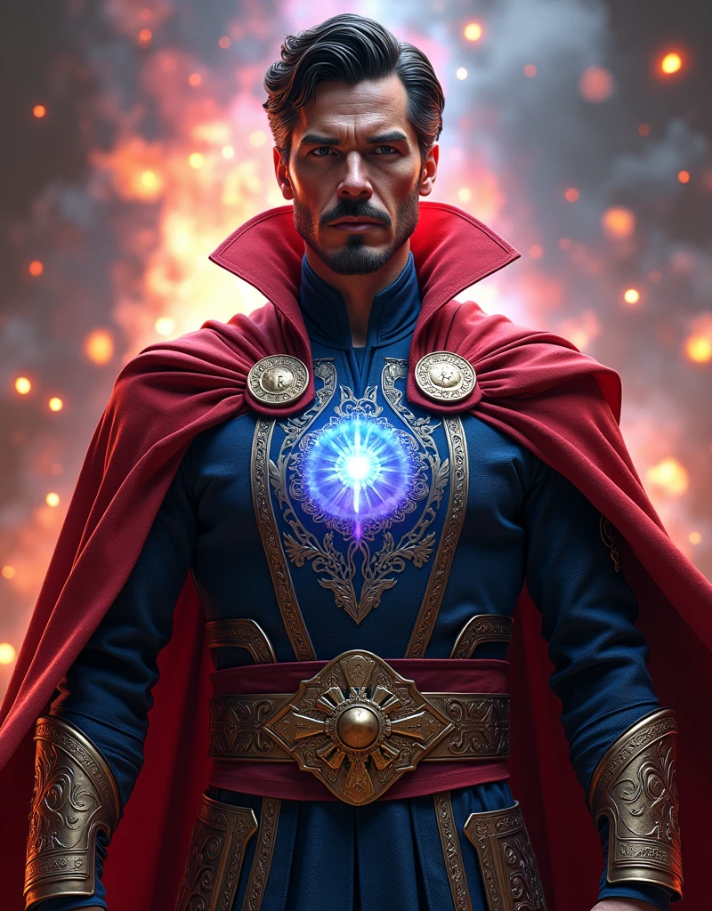 Doctor strange super hyper realistic carechter sleek elegant armor, radiant metal, intricate detail, celestial infernal asthetics, runes and sigils, central crystal core, pulsing energy, multicolored light, prismatic glow, muscler body