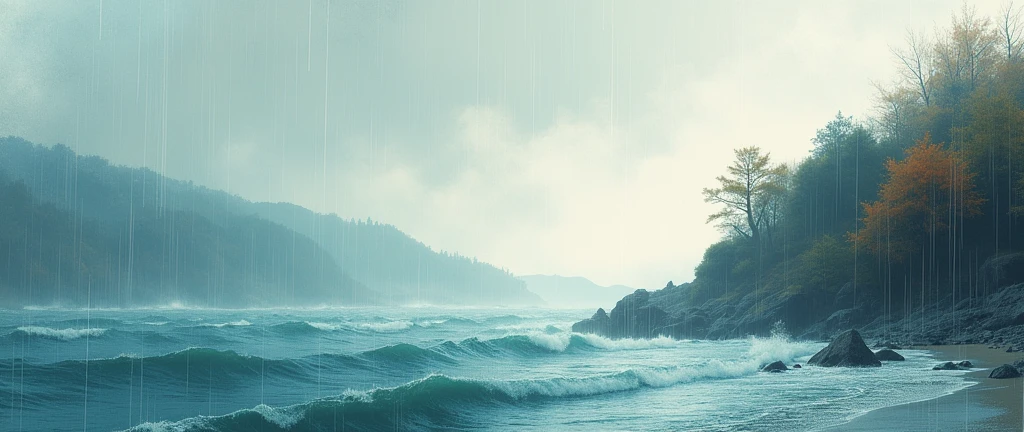 Dark Autumn rain,sea, Fall Lofi, landscape,water color