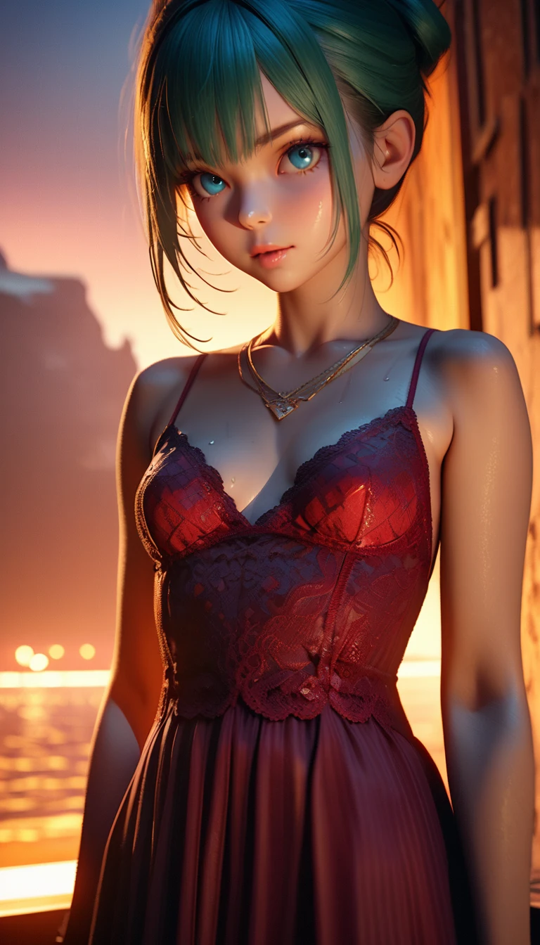 photorealistic, 1girl, ((slim body)), long hair, gradient hair, solo, detailed eyes, jewelry, bracelet, choker, small breasts, looking at viewer, realistic, necklace, (((red princess))), long skirt, thigh highs, red cape, sardine, lace, evening, sunlight, clouds, in the sky, clouds, realistic sun light,, detailed, upper body, sitting, firework in background