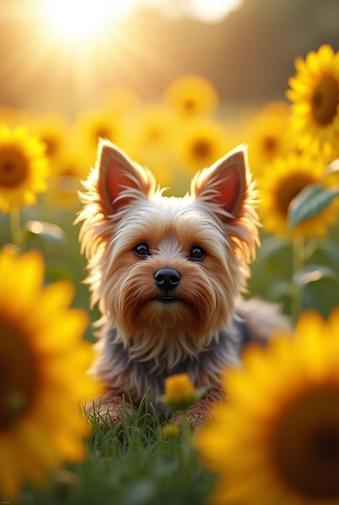 Images of happy elderly Yorkshire dog resting in a sunflower field