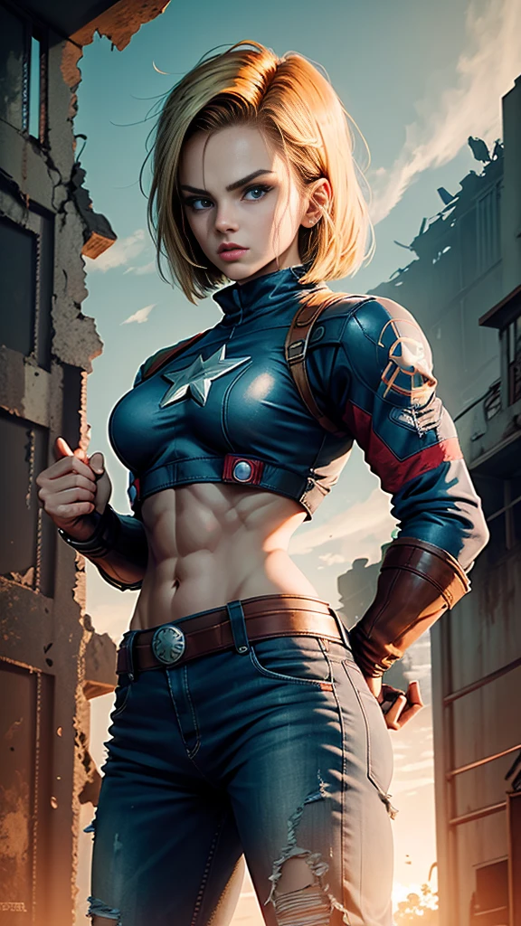 Android 18 Female version of Captain America background mechanical ruins, segurando o escudo do captain america