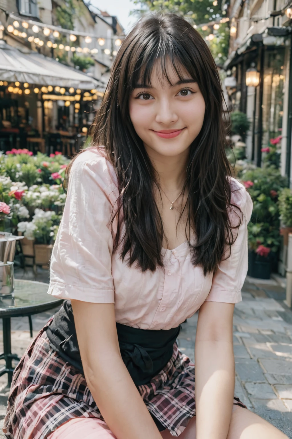 A high-resolution, wide angle shot, 4K portrait of a beautiful 20-year-old woman with a happy smile, detailed skin, and clear eyes. 
She has long, messy black hair with bangs and dark brown eyes with slight dark circles, looking at viewer. 
The image features natural, soft lighting with a low contrast and film grain effect. 
She has perfect shaped medium breast. 
She is dressed in Pink Plaid Schoolgirl Outfit
Description: A pink plaid mini skirt with pleats, paired with a cropped white button-down shirt that ties at the front. The shirt is slightly fitted to accentuate the bust, and the mini skirt adds a flirty, schoolgirl vibe.
Accessories: Style with white knee-high socks, black Mary Jane heels, a pink hair bow, and a black choker with a heart pendant.
Sitting in An outdoor cafe with small tables and chairs set on a cobblestone patio, surrounded by potted plants and string lights overhead. The cafe has a cozy, relaxed atmosphere with umbrellas providing shade and a view of a busy street or a garden. 
The composition emphasizes ultra-detail, sharp focus, and vivid colors, with HDR and UHD quality, capturing a whimsical and dreamy aesthetic with a bokeh background. Looking at viewer