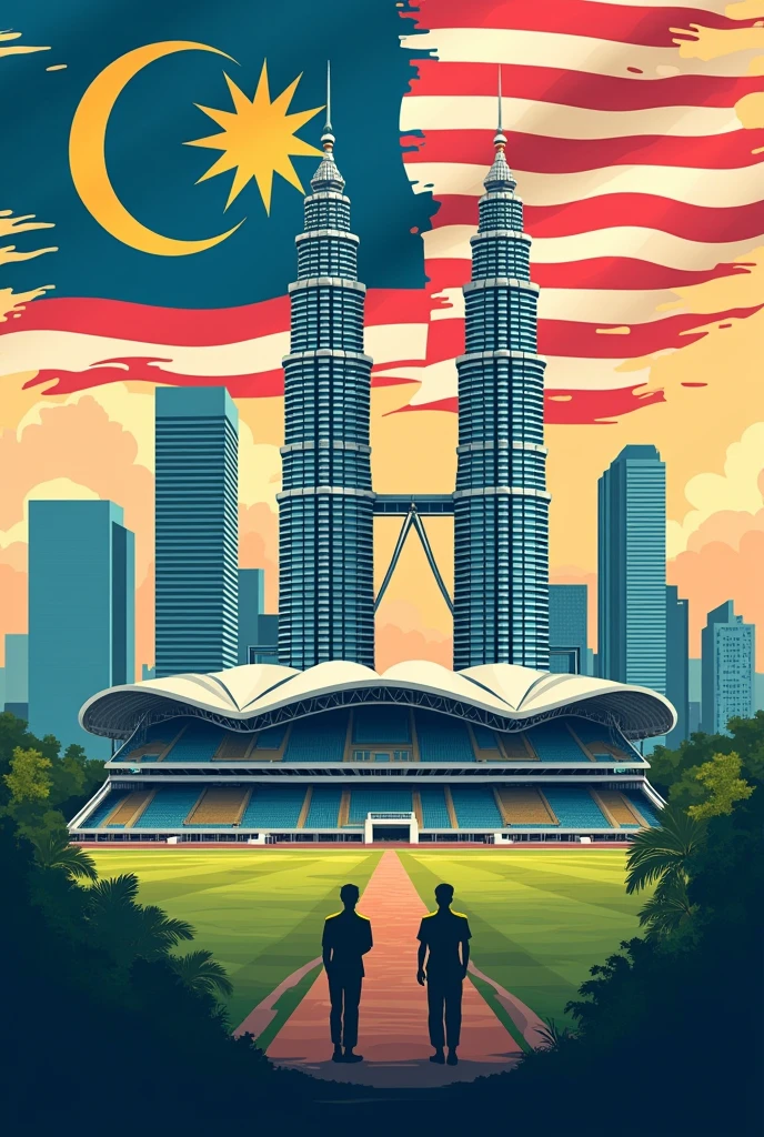a poster about the National Monument of Malaysia, KLCC Tower, Stadium Merdeka with Malaysian flag & army