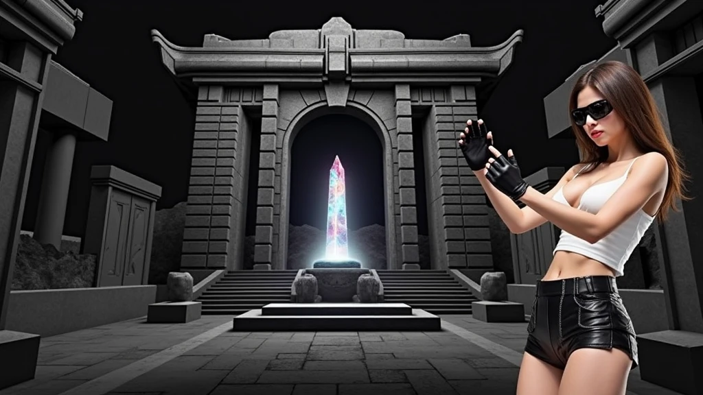 A young futuristic female sorcerer with a glowing floating small crystal stone, releasing mysterial spell and magical power, facing and defeating dark forces and beings. She stands with her right hand raised forward with a blue fire of light, at night, (1girl, solo, alone), photorealistic, large-breast slim:0.6 body, oval:0.5 face, cleavage:1.1, very low angle view of pleated miniskirt, deep-v, (upskirt), glove, (Matrix style black micro sunglasses), dynamic running pose, (half-body thigh level close-up shot), cinematic lighting, ray tracing, motion blur background.