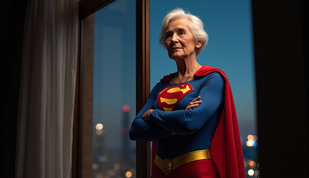 (((very beautiful old Supergirl (((1984s Supergirl movie costume))) Julie Hagerty))) Super old woman Julie Hagerty; confident, powerful, indestructible, attractive; big and firm chest; strong breasts; arms crossed. , floating, at night, outside a window; straight body; view from inside to outside