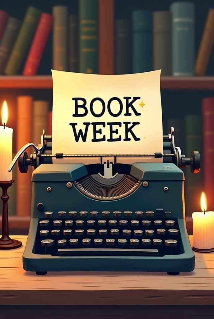 Image of the book week that is a black typewriter and that on the sheet that is coming out of the typewriter it says "Book Week" and it looks cartoonish but vintage and has one or two candles around it and some books in the background