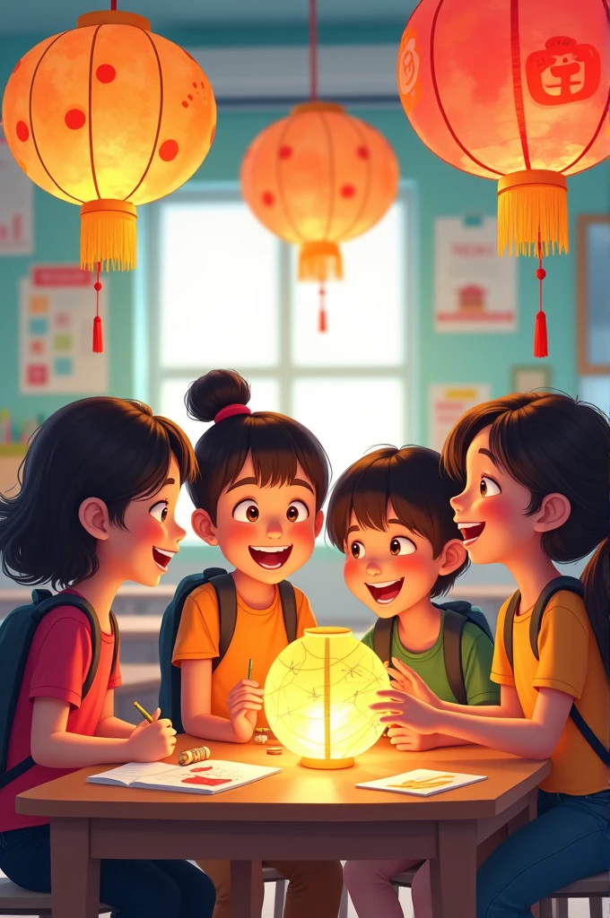 A cartoon scene of a group of students sitting around a table, happily crafting colorful lanterns together, celebrating Mid-Autumn Festival in a classroom setting.