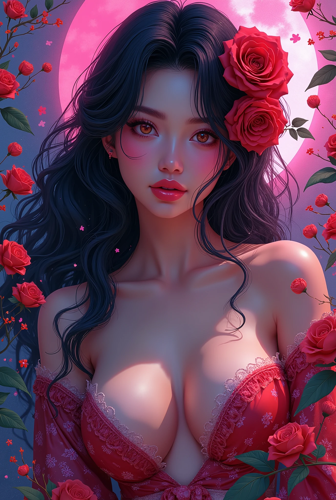 (masterpiece, best quality), alluring, sexual, japanese woman, solo, masterpiece, artstation, dynamic, charming, magical, unreal engine, fantastically beautiful, illustration, dramatic lighting, rave background, neon glow, maximalist, ahri, nsfw, huge breasts, style of Oskar Kokoschka:1.2),(abstract expressionism art:1.2),girl,plants,love,rose for eyes,bright color theme,colorful,visually stunning,beautiful,gorgeous,emotional,intricate,perferct shading
