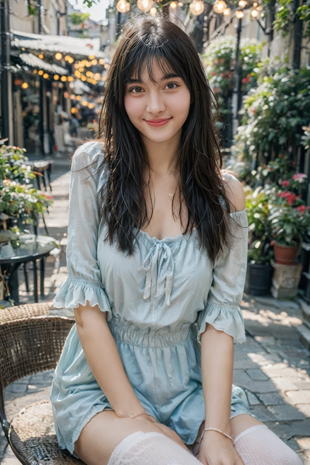 A high-resolution, wide angle shot, 4K portrait of a beautiful 20-year-old woman with a happy smile, detailed skin, and clear eyes. 
She has long, messy black hair with bangs and dark brown eyes with slight dark circles, looking at viewer. 
The image features natural, soft lighting with a low contrast and film grain effect. 
She has perfect shaped medium breast. 
She is dressed in Baby Blue Ruffle Romper
Description: A baby blue romper with ruffle details along the neckline and hem. The romper is fitted at the waist with a slightly flared bottom, creating a cute yet sexy silhouette. The off-the-shoulder neckline adds a touch of flirtiness.
Accessories: Pair with white thigh-high socks, white sneakers, silver hoop earrings, and a white headband with a bow.
Sitting in An outdoor cafe with small tables and chairs set on a cobblestone patio, surrounded by potted plants and string lights overhead. The cafe has a cozy, relaxed atmosphere with umbrellas providing shade and a view of a busy street or a garden. 
The composition emphasizes ultra-detail, sharp focus, and vivid colors, with HDR and UHD quality, capturing a whimsical and dreamy aesthetic with a bokeh background. Looking at viewer