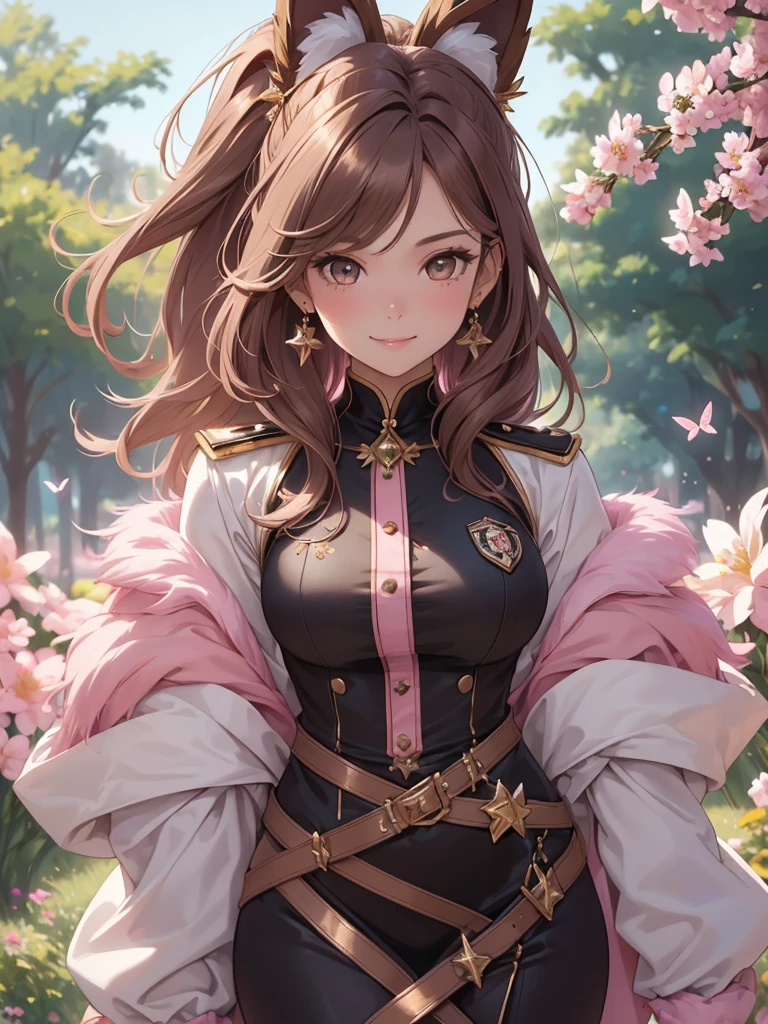 (best quality,4k,8k,highres,masterpiece:1.2),ultra-detailed,(realistic,photorealistic,photo-realistic:1.37),acrylic painting,beautiful Brazilian model in a uniform outfit with downy hair,beautiful Brazilian model with extremely colorful brown hair and detailed facial features,beautiful Brazilian model standing in a beautiful garden sakura flowers, long hair,cat ears, hair bows, uniform pink gold and black outfits, smile, happy face,light brown hair,butterflies, brown eyes, mature woman, older woman