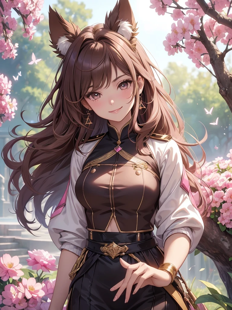 (best quality,4k,8k,highres,masterpiece:1.2),ultra-detailed,(realistic,photorealistic,photo-realistic:1.37),acrylic painting,beautiful Brazilian model in a uniform outfit with downy hair,beautiful Brazilian model with extremely colorful brown hair and detailed facial features,beautiful Brazilian model standing in a beautiful garden sakura flowers, long hair,cat ears, hair bows, uniform pink gold and black outfits, smile, happy face,light  brown  hair,butterflies, brown eyes,  mature woman, older woman 