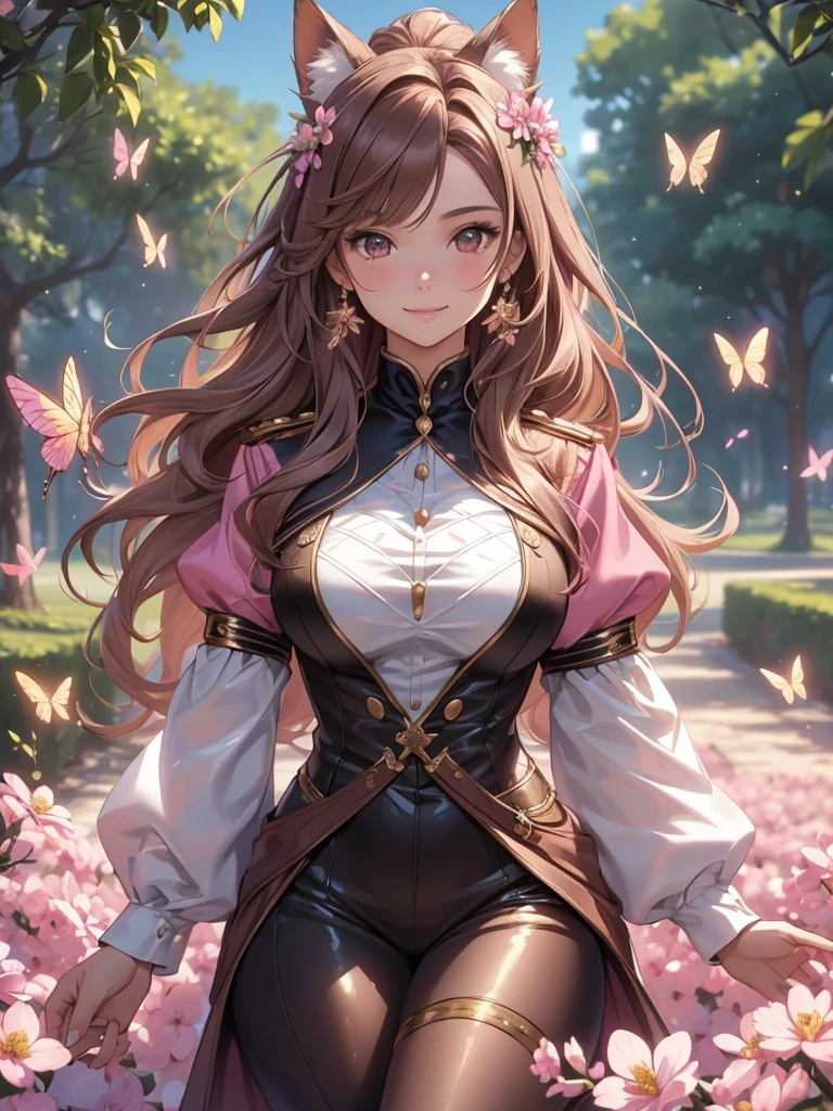 (best quality,4k,8k,highres,masterpiece:1.2),ultra-detailed,(realistic,photorealistic,photo-realistic:1.37),acrylic painting,beautiful Brazilian model in a uniform outfit with downy hair,beautiful Brazilian model with extremely colorful brown hair and detailed facial features,beautiful Brazilian model standing in a beautiful garden sakura flowers, long hair,cat ears, hair bows, uniform pink gold and black outfits, smile, happy face,light brown hair,butterflies, brown eyes, mature woman, older woman
