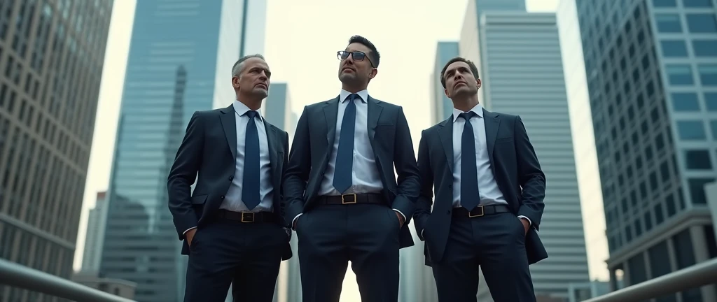 men in suits, Tips, Thinking, intelligent, powerful, leaders, behind a city, full body image.