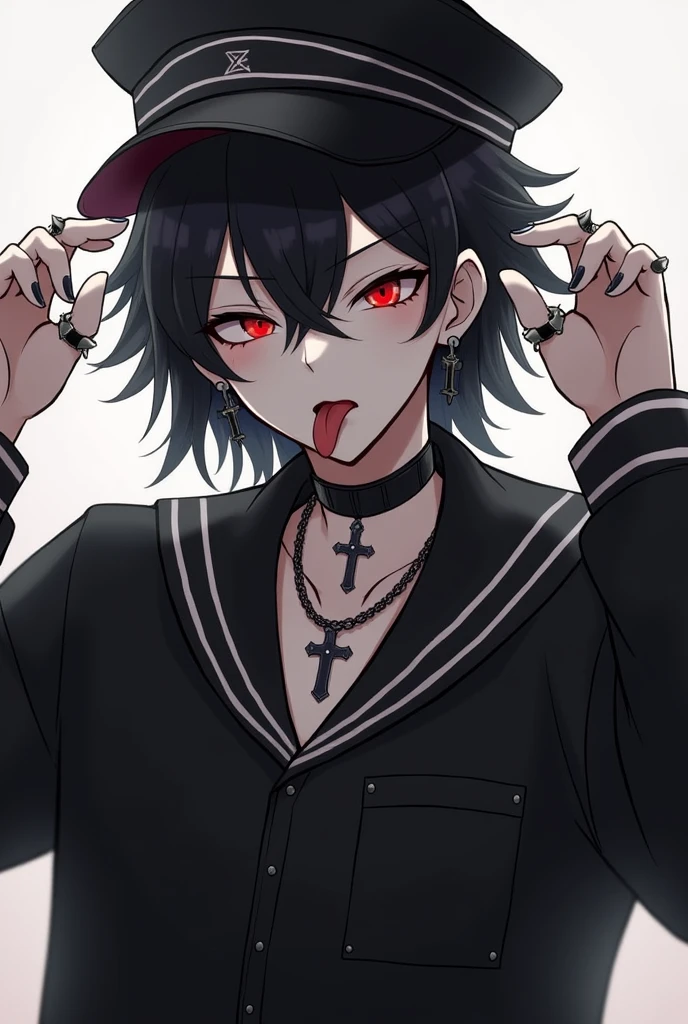 Male character black hair black shirt with long sleeves with a cross-shaped chain cross-shaped earrings on his ears black sailor hat with and is sticking out his tongue Omega red eyes with spike bracelets