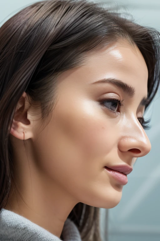 Taylor Hill、High resolution realistic photos,8k,Realistic skin texture,to be born々New People々々々々々,1 girl,Tabletop,,Awards - Winning Photos, Very detailed, close your eyes, Nose and mouth,Face Focus, Extreme close up of face、口を開けてclose your eyesいる女性, Black camisole、20-year-old,Black-haired、Symmetrical face,Realistic nostrils、Angle from below、Elongated C-shaped nostrils,((Gray background))、Sweaty skin、汗でGlowing Skinを強調する照明、((Sharp Nose))Skin shiny with sweat、Glowing Skin、Sweaty hair、sunlight、(Brow wrinkles)((Frowning))、((Thin eyebrows))((Oily skin、Glowing Skin))、double eyelid、Tied Hair、Updo、Lift your head((Super wet skin))(((nasal septumが広く見えるprofile,nasal septum,profile)))profile