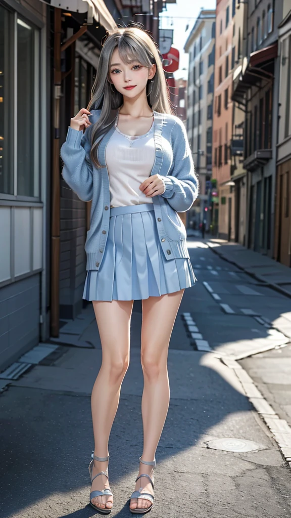 masterpiece, best quality, 8k, cinematic light, ultra high res, chibi, 1girl, silver iceblue long hair, Full body picture, straight hair, Box Pleat Skirt, SPORT SANDALS,cute Cardigan, blue eyes, tall body, solid background, Complicated details, casual pose,realistic eyes