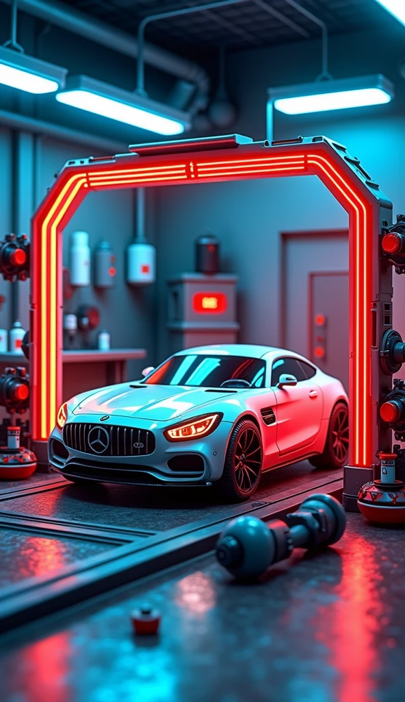 All items in a square display box create a detailed myvi car wash toy industrial style wall spray paint vibrant contrasting colors detailed tools garage accessories cool lighting effects no car location cool indoor environment plastic texture toy mechanical style futuristic feel (repeated) industrial style