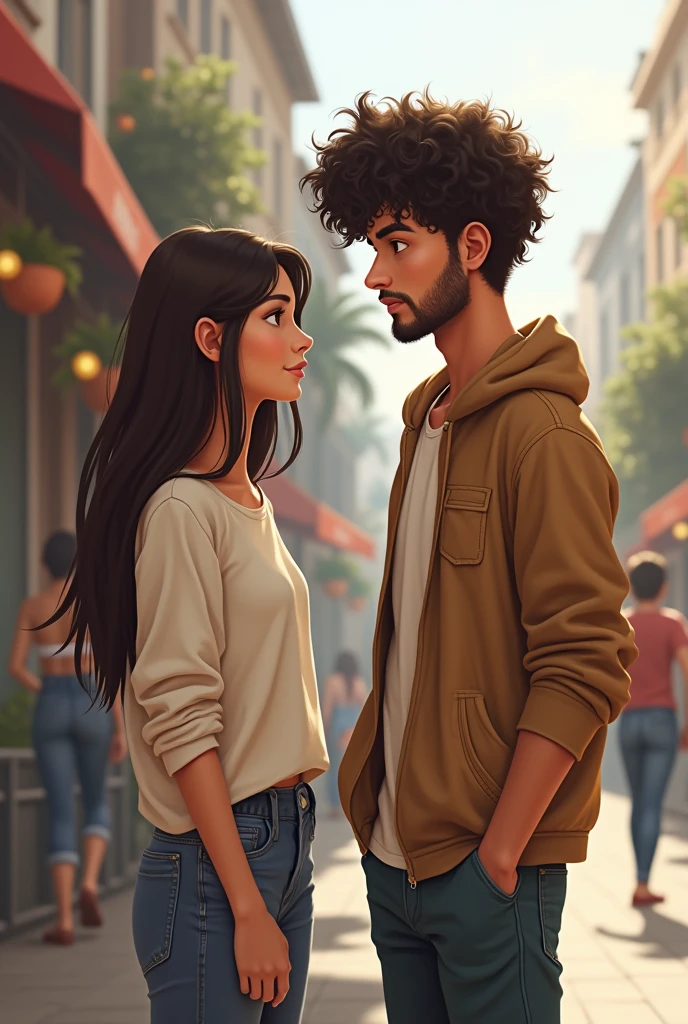 Two young people around , a man and a woman, the man being taller and with very curly hair, both dressed in clothes, and the woman with straight hair. that the Latin men are a little whiter than the women, the man who does not have a beard like cartoons
