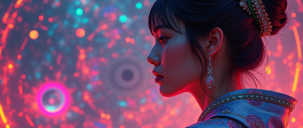 (neon)，circuit board，(1 girl:1.3)，extremely detailed，(fractal art:1.2)，rich and colorful，the most detailed，(zentangle neon:1.2)，(dynamic poses)，(neon几何背景:1.5)，(Traditional clothes:1.2)，(shiny skin)，(many colors:1.4)，Upper part of the body，(ultra high definition, masterpiece, necessary, anatomically correct, textured skin, High detail, high quality, The award-winning, 8k)