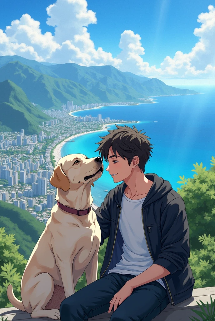 a anime handsome  boy in with tshirt with balck jacket he seat in mountain see full city with her hand in a labrador dog in morning with a sea veiw with happy face in a very summer day 