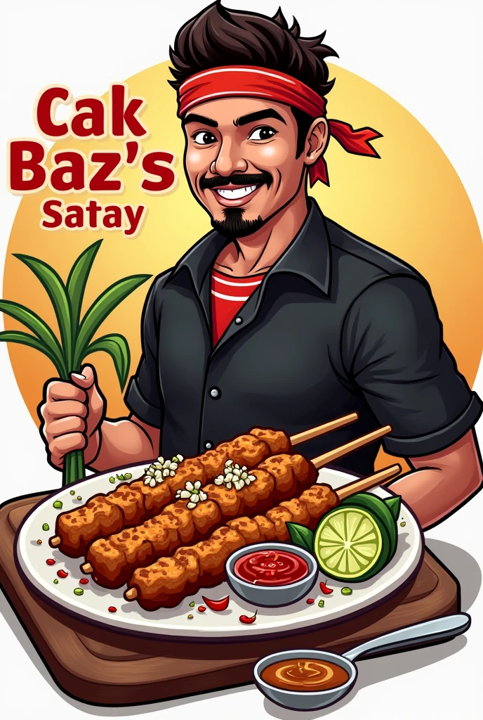 Logo of a satay seller with a mustache, wearing a black shirt and a red and white striped shirt underneath, wearing a headband and in front of him there is a plate of satay sprinkled with shallots, there is ground chili ,sliced lime and peanut sauce , delicious ready to eat. It says the CAK BAZ'S satay logo