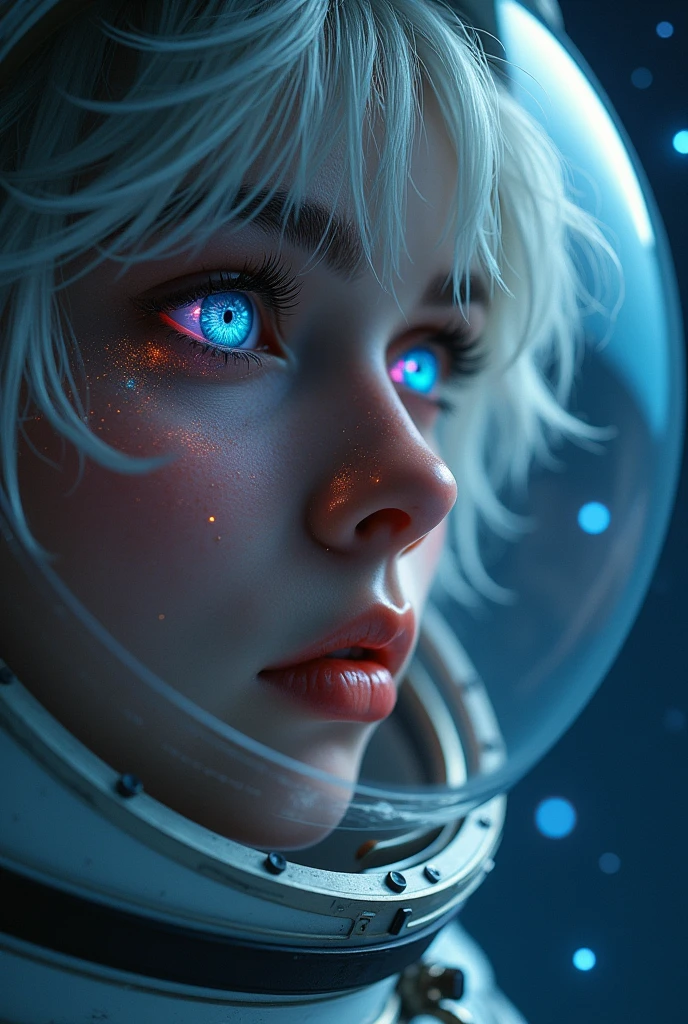 (Close-up of a better masterpiece:1.5)0.9], (Space and astronauts:1.2) (Messy silver hair:1.1) (Heterochromia xanthochromia and blue eyes:1.2) (Space Helmet:1.0) (Colored stars in the eyes:1.0) (A radiant glow:1.1) (thick lips:0.9)
