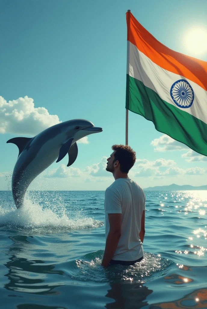 A man on crush he was drinks .a dolfin is jumping in sea crush on top indian flag .nice view sea