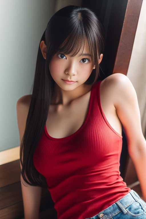 Gaze, High resolution, masterpiece, Highest quality, High detail, Textured skin, Long Hair, Blushing, Red eyes, Drooling, Tank top、Tight red pants、Angle from below