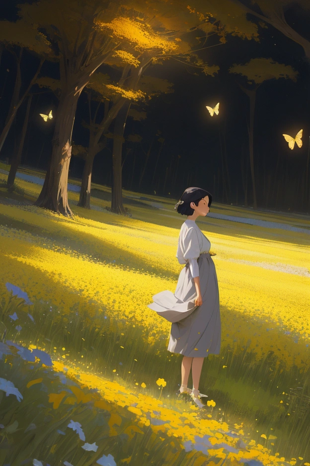 A picture of a girl playing with butterflies in the flowers,Girl standing in the golden flower field,fireflies in the flowers, by Atey Ghailan