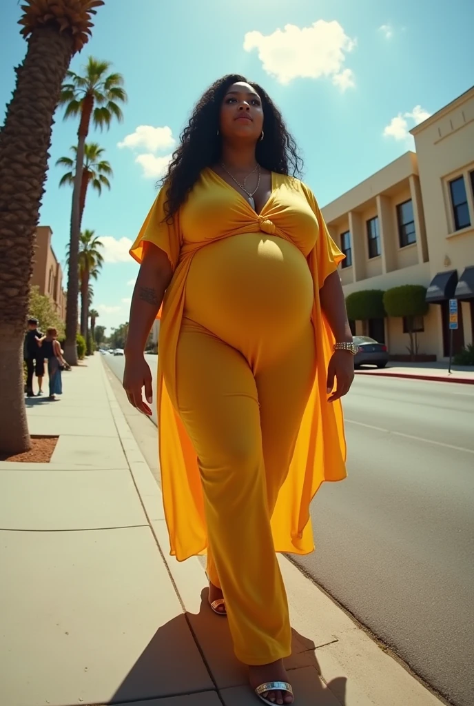 Pov fisheye camera view of Cardi B&#39;s fat and curvy pregnant mother walking on the streets of California in a sunny atmosphere.. Hd 14K, cinematic, Photorealistic, fisheye camera view, iphone camera style, highly shapering, high detailed, masterpiece