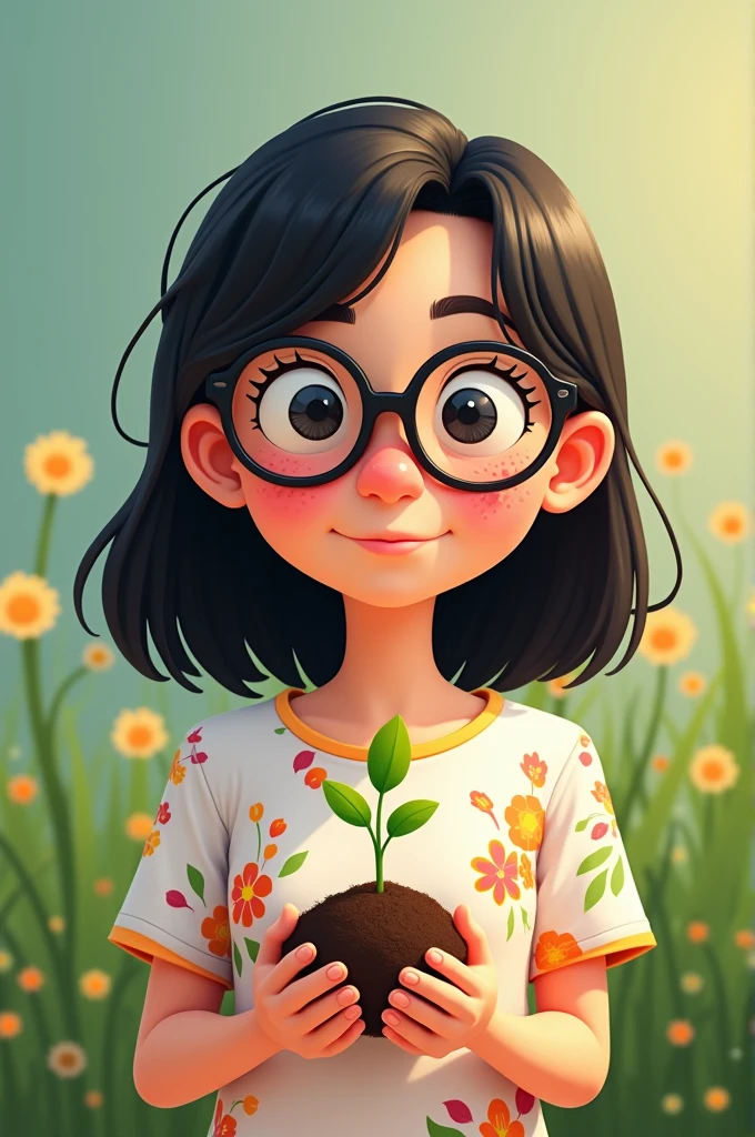 A 2D Pixar-like animated character with a pimply complexion, black hair and big glasses. She is wearing a white shirt with a colorful flower print.. He holds in his hands a mound of earth from which a small green plant sprouts..