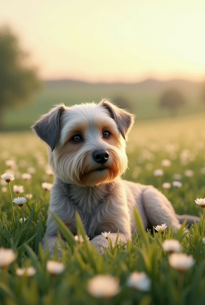 Images of happy elderly Yorkshire dog resting in a field of magaridas