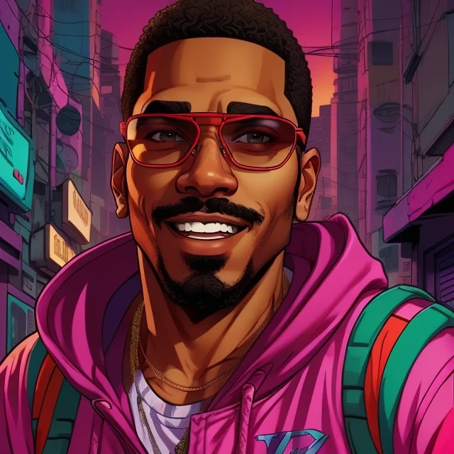 there is a man with glasses and a pink shirt smiling, very very low quality picture, high quality portrait, twitch streamer / gamer ludwig, foto realista, frontal picture, andres rios, jewish young man with glasses, headshot profile picture, profile picture 1024px, avatar image, ismail, professional picture, victor maristane, emad mostaqueGTA-style artwork ,(young people:1.5)Illustration, digital art, (GTA style:1.5),Art style of GTA, Art GTA bright colors, (cartoon style:1.2),(hyperdetail:1.15), glamorous style, best quality, holistic, high detail, serious,against a large metropolis, ((neon lighting)), ((Cyberpunk)),soft light,satirical,exaggerated,pop artstyle,vibrant colors,iconic characters,action-packed,((The background is an orange red city:1)),sun, coconut trees