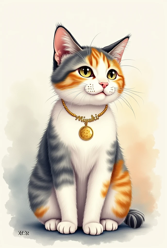 Watercolor painting of a tricolor striped cat in white, gray and royal yellow colors dressed as a queen, The cat has a gray and black striped spot on its neck and is in profile looking at the front with a gold necklace that says "miyuki"