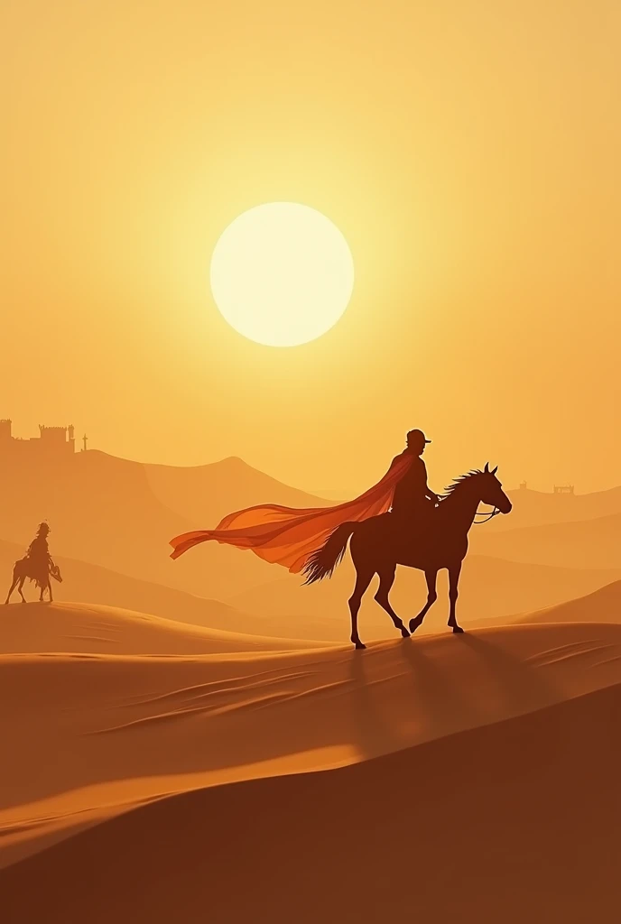 serene and symbolic image of the winds of Rajasthan blowing through a desert landscape. Shadows of a horse and a warrior can be faintly seen in the background, giving an ethereal and legendary feel. Sand dunes are gently rolling, with the sun setting in a golden hue, and the silhouette of a distant fort is visible on the horizon."
