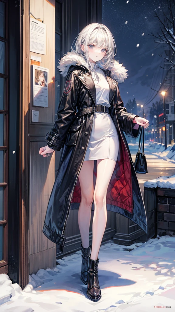 ((True best masterpiece, Ultimately perfect quality, Extremely delicate details)), A girl with leather long coat, Snowy, Winter, Full body