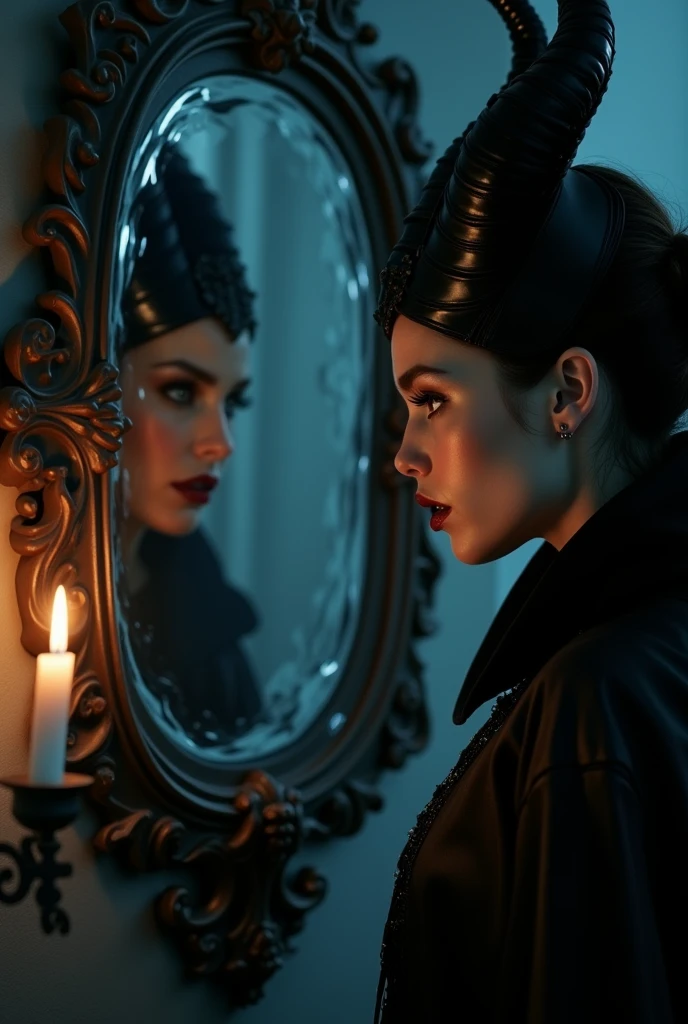 generate a close-up of a woman wearing black attire just like in Maleficent character facing a mirror which hanging on the wall and its churning like a water, dark background, candle light. the image was taken from aside, fantasy, highly-detailed, ultra-sharp, realistic. 