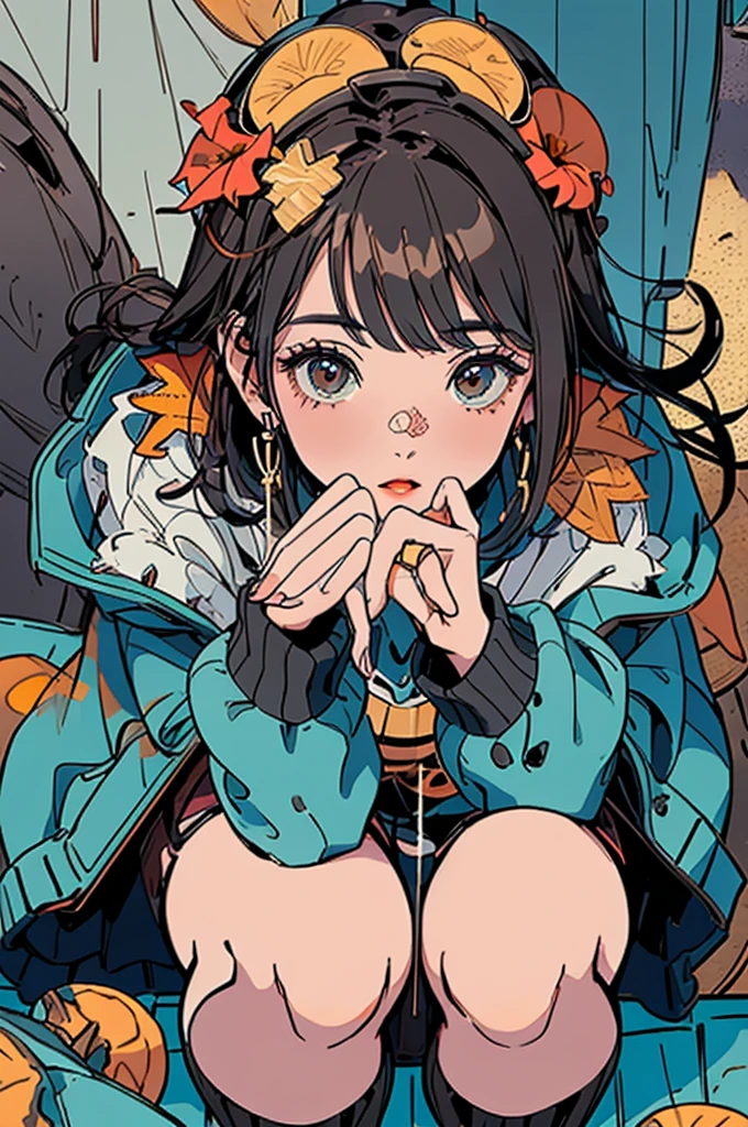 (masterpiece:1.2), Highest quality,Pixiv,Surprised girl,Portraiture、1、Large Breasts、Small waist、Close-up of face、???????、((((Autumn Outfits、Squatting sloppily))))、pread your legs、Girl sitting、Beer and Yakitori、Matsutake