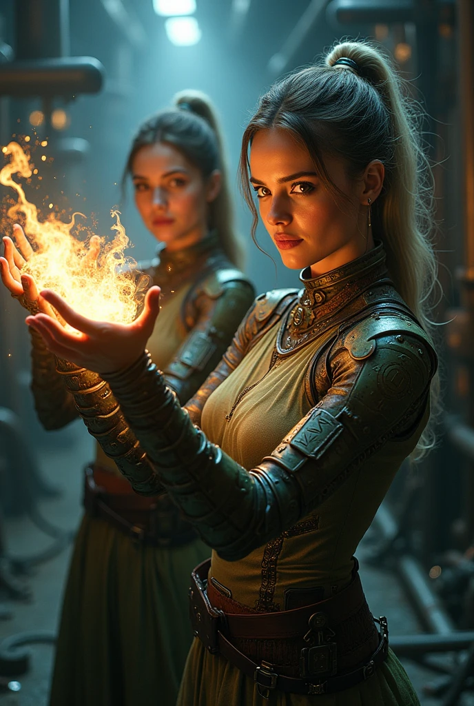 2 woman with mechanical alchemy hand and capable of manipulating matter