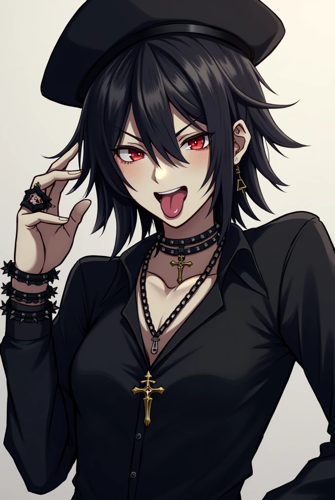 Male character black hair black shirt with long sleeves with a cross-shaped chain cross-shaped earrings on his ears black sailor hat with and is sticking out his tongue Omega red eyes with spike bracelets