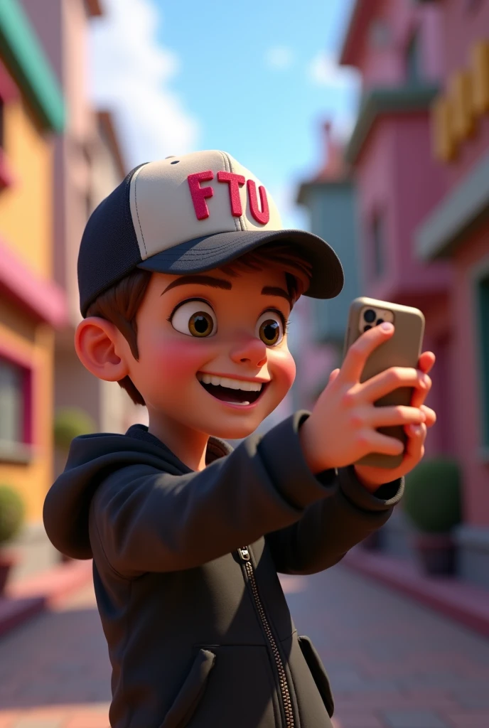 A PIXAR-STYLE TEENAGER TAKING A SELFIE WITH A CAP THAT SAYS FTU AND A BLACK JACKET