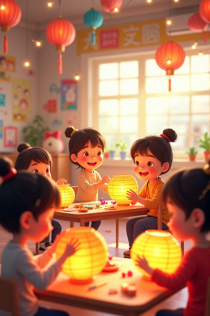 An animated depiction of children in a classroom, smiling and making various types of lanterns for Mid-Autumn Festival, with festive decorations around them.