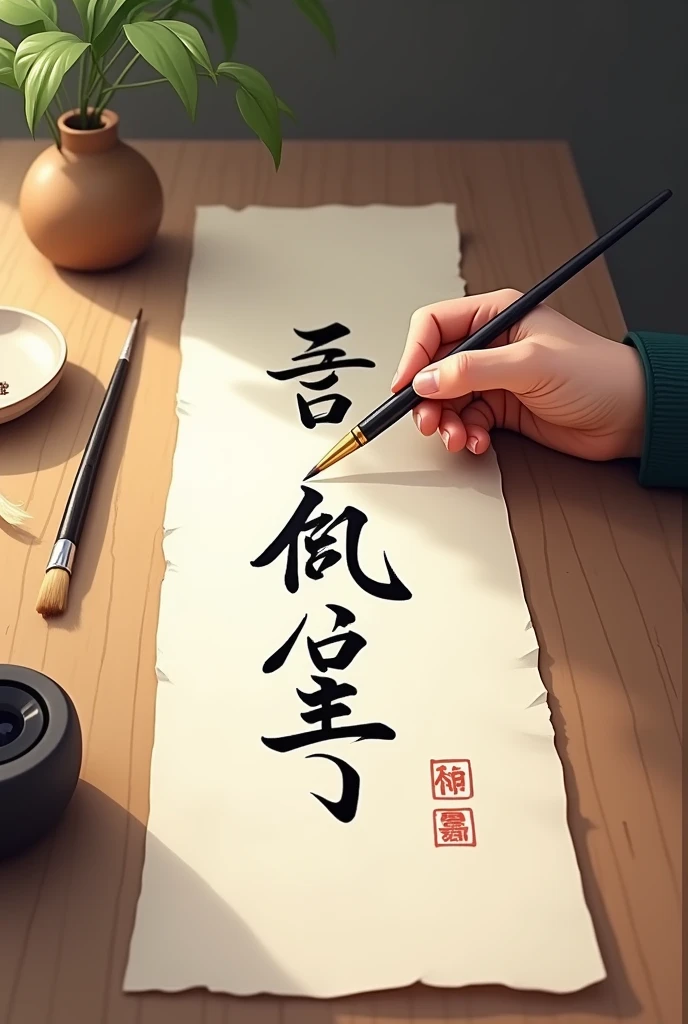 Calligraphy written with a brush on rice paper on the table。There are four treasures of the study on the table。
Only the writing hand and brush are shown in the picture。
Write the word blessing on rice paper。
The painting is long and straight