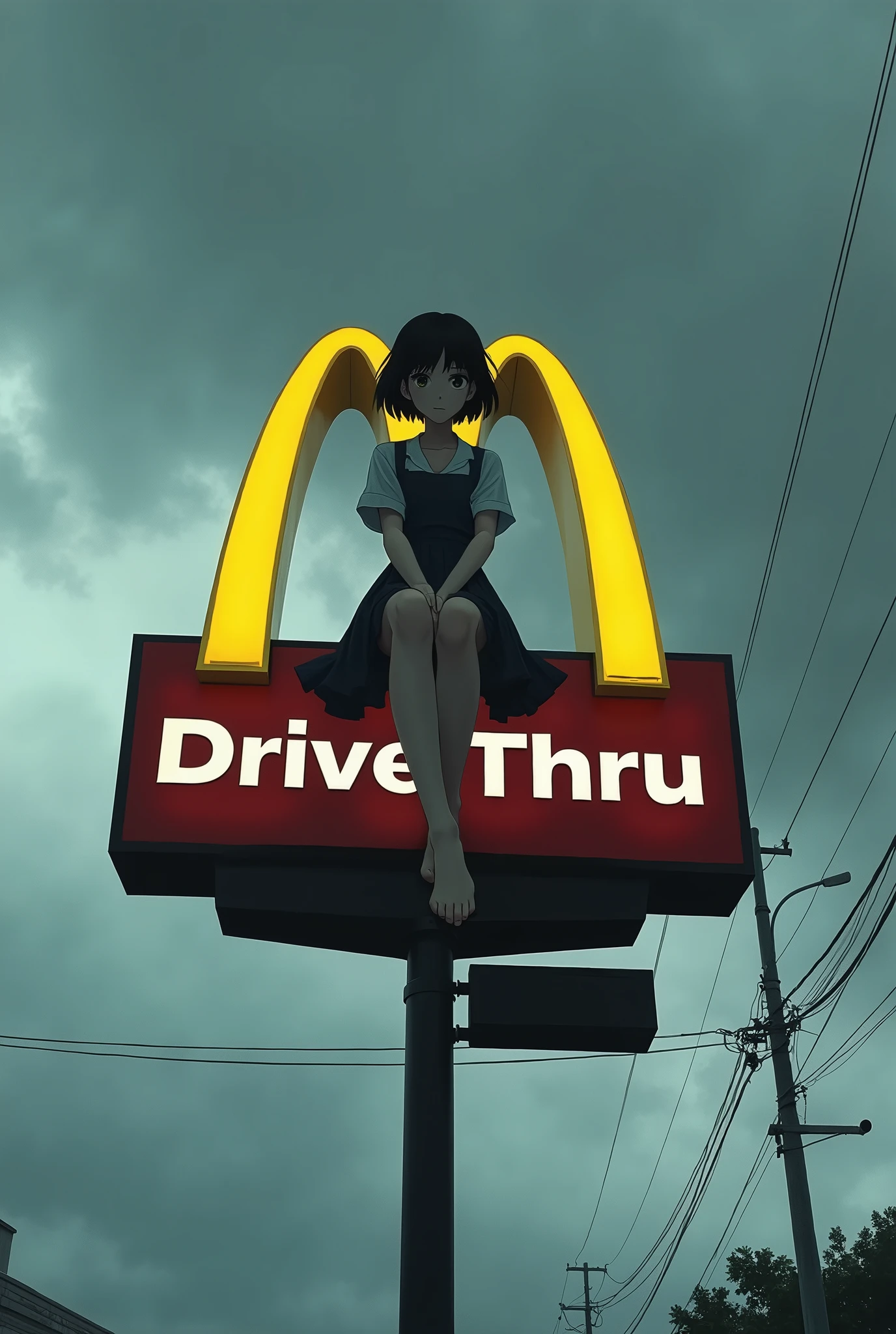High school girl sitting on McDonald's drive-thru sign、Black Hair、Bobcut、Beautiful Face、Japanese、Real、Cloudy