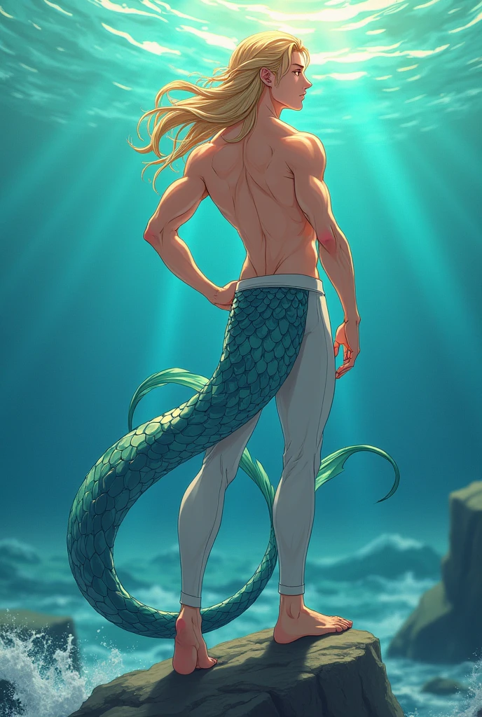 man, rubio, anime style, handsome and posing in the sea, posing on a rock, no muscles,long hair and very feminine appearance,handsome blond haired man with lower half body like a fish or eel, swaps legs for an eel tail.