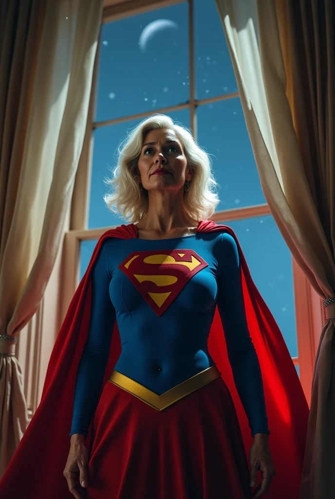 (((very beautiful old Supergirl (((1984s Supergirl movie costume))) Julie Hagerty))) Super oldwoman ; confident, powerful, indestructible, attractive; big and firm chest; strong breasts; floating outside a window; straight body; view from inside to outside, full body fluttering curtains, night, cinematic lighting, dramatic pose, beautiful detailed eyes, beautiful detailed lips, extremely detailed face and features, elegant, graceful, flowing cape, vibrant colors, hyperrealistic, 8k, high quality, intricate details, photorealistic, masterpiece