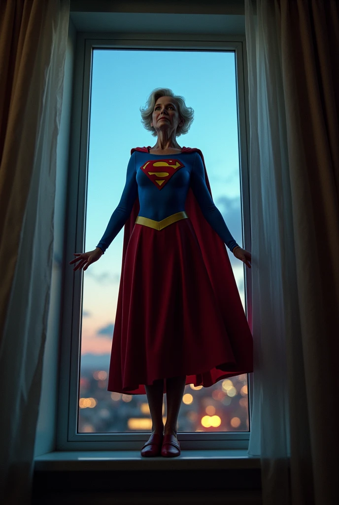 (((very beautiful old Supergirl (((1984s Supergirl movie costume))) Julie Hagerty))) Super oldwoman ; confident, powerful, indestructible, attractive; big and firm chest; strong breasts; floating outside a window; straight body; view from inside to outside, full body fluttering curtains, night, cinematic lighting, dramatic pose, beautiful detailed eyes, beautiful detailed lips, extremely detailed face and features, elegant, graceful, flowing cape, vibrant colors, hyperrealistic, 8k, high quality, intricate details, photorealistic, masterpiece